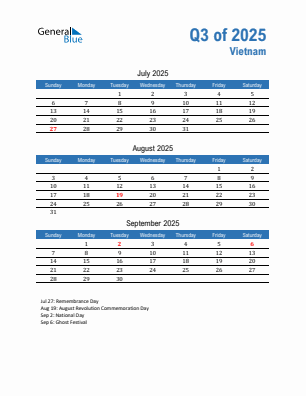 Vietnam Quarter 3 2025 calendar template