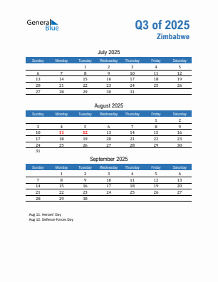 Zimbabwe Quarter 3 2025 calendar template