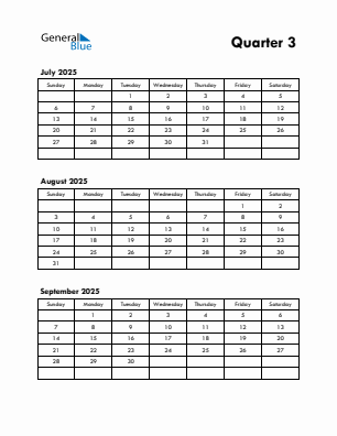 Quarter 3 2025 calendar template