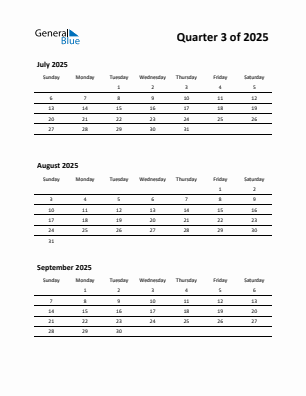 Quarter 3 2025 calendar template