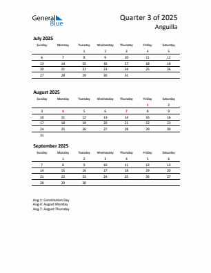 Anguilla Quarter 3 2025 calendar template