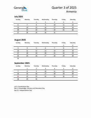 Armenia Quarter 3 2025 calendar template