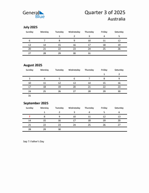 Australia Quarter 3 2025 calendar template