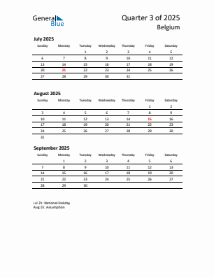 Belgium Quarter 3 2025 calendar template