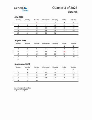 Burundi Quarter 3 2025 calendar template