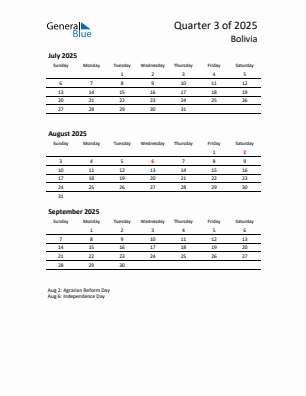 Bolivia Quarter 3 2025 calendar template