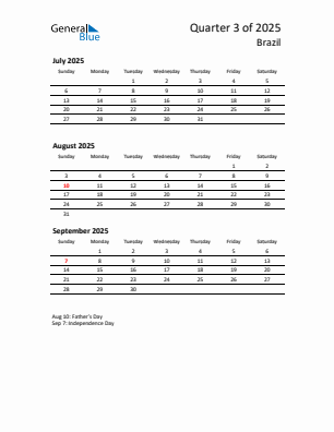 Brazil Quarter 3 2025 calendar template