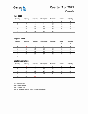Canada Quarter 3 2025 calendar template