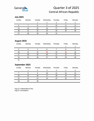Central African Republic Quarter 3 2025 calendar template