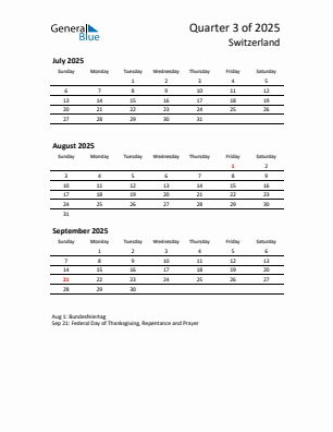 Switzerland Quarter 3 2025 calendar template