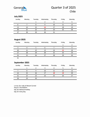 Chile Quarter 3 2025 calendar template