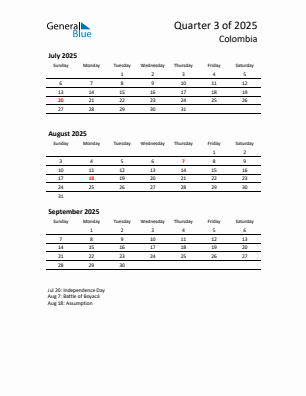 Colombia Quarter 3 2025 calendar template