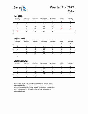 Cuba Quarter 3 2025 calendar template