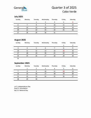 Cabo Verde Quarter 3 2025 calendar template