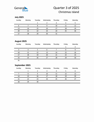Christmas Island Quarter 3 2025 calendar template