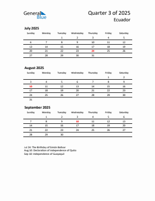 Ecuador Quarter 3 2025 calendar template