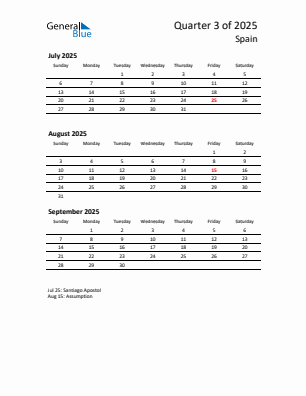 Spain Quarter 3 2025 calendar template