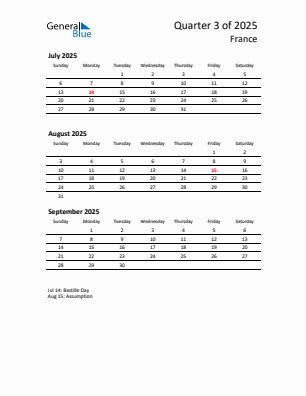 France Quarter 3 2025 calendar template