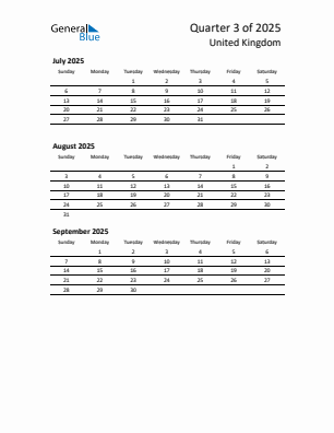 United Kingdom Quarter 3 2025 calendar template