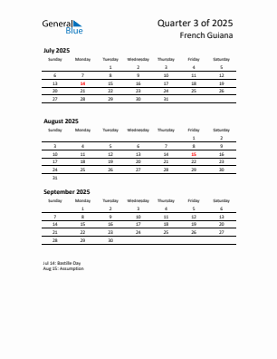 French Guiana Quarter 3 2025 calendar template