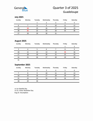 Guadeloupe Quarter 3 2025 calendar template