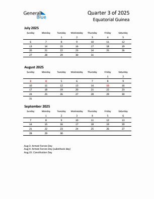Equatorial Guinea Quarter 3 2025 calendar template