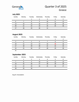 Greece Quarter 3 2025 calendar template