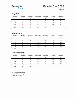 Guam Quarter 3 2025 calendar template