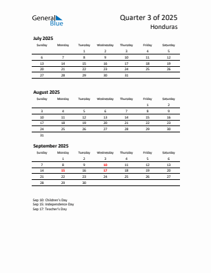 Honduras Quarter 3 2025 calendar template