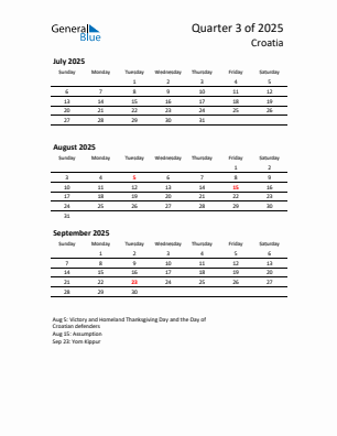 Croatia Quarter 3 2025 calendar template