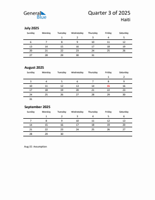 Haiti Quarter 3 2025 calendar template