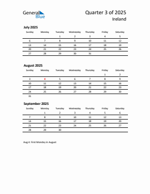 Ireland Quarter 3 2025 calendar template