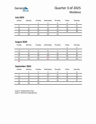 Moldova Quarter 3 2025 calendar template