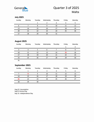 Malta Quarter 3 2025 calendar template