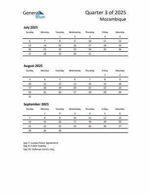 Mozambique Quarter 3 2025 calendar template