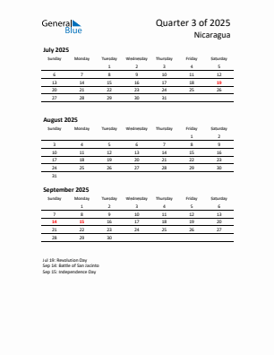 Nicaragua Quarter 3 2025 calendar template
