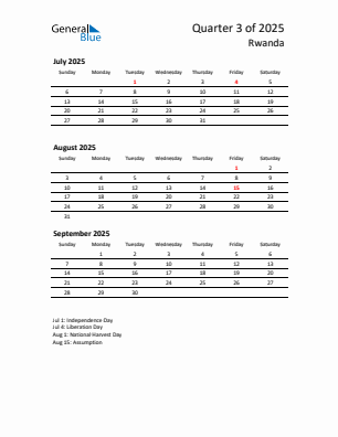 Rwanda Quarter 3 2025 calendar template