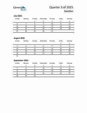 Sweden Quarter 3 2025 calendar template