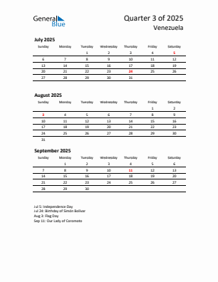 Venezuela Quarter 3 2025 calendar template