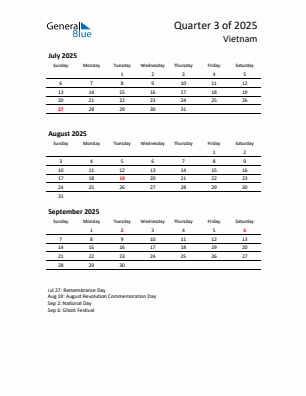 Vietnam Quarter 3 2025 calendar template