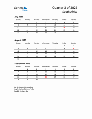 South Africa Quarter 3 2025 calendar template