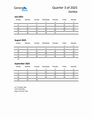 Zambia Quarter 3 2025 calendar template