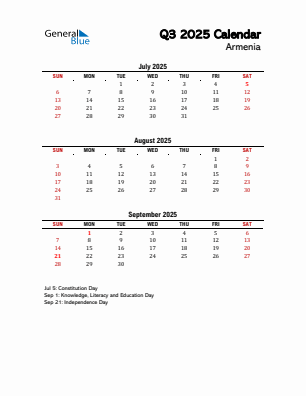Armenia Quarter 3 2025 calendar template