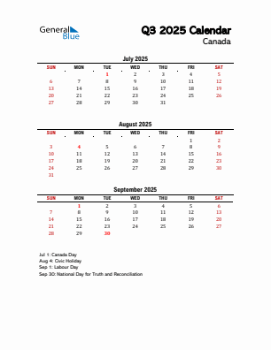 Canada Quarter 3 2025 calendar template