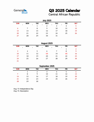 Central African Republic Quarter 3 2025 calendar template