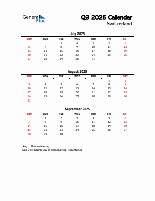 Switzerland Quarter 3 2025 calendar template