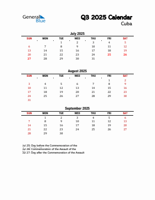 Cuba Quarter 3 2025 calendar template