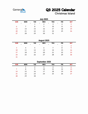 Christmas Island Quarter 3 2025 calendar template