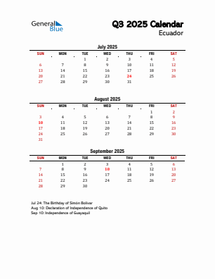 Ecuador Quarter 3 2025 calendar template