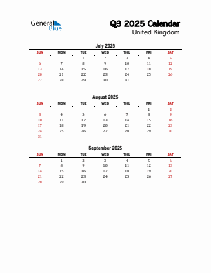 United Kingdom Quarter 3 2025 calendar template